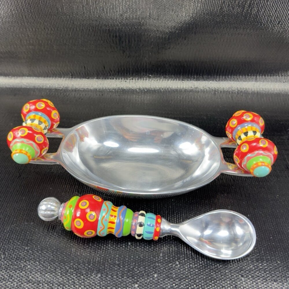 Southcoast Chrome Metal Serving Trinket Bowl W Bead Handles‎ And Spoon Set VTG